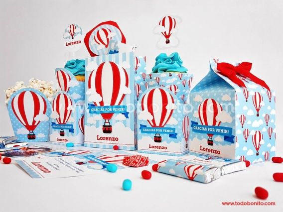 Kit imprimible de Globos Aerostáticos en celeste y rojo