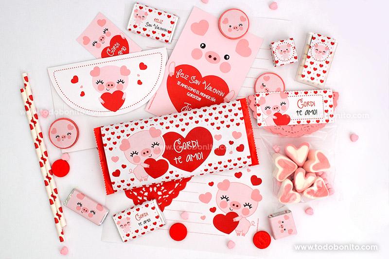 Kits imprimibles de San Valentín con cerditos tiernos