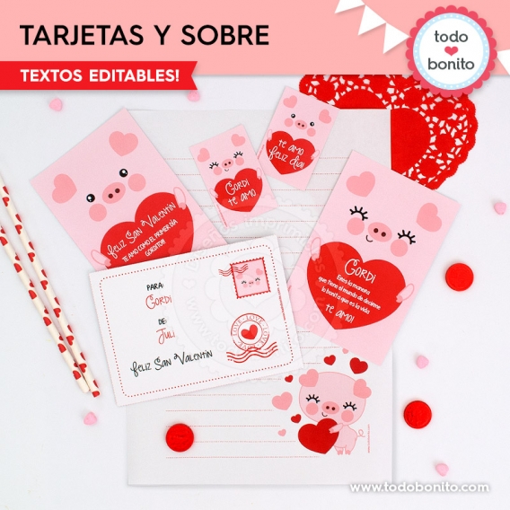 Tarjetas imprimibles de San Valentín con cerdito tierno