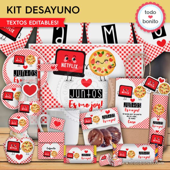 Kit imprimible de desayuno sorpresa San Valentín Netflix y Pizza