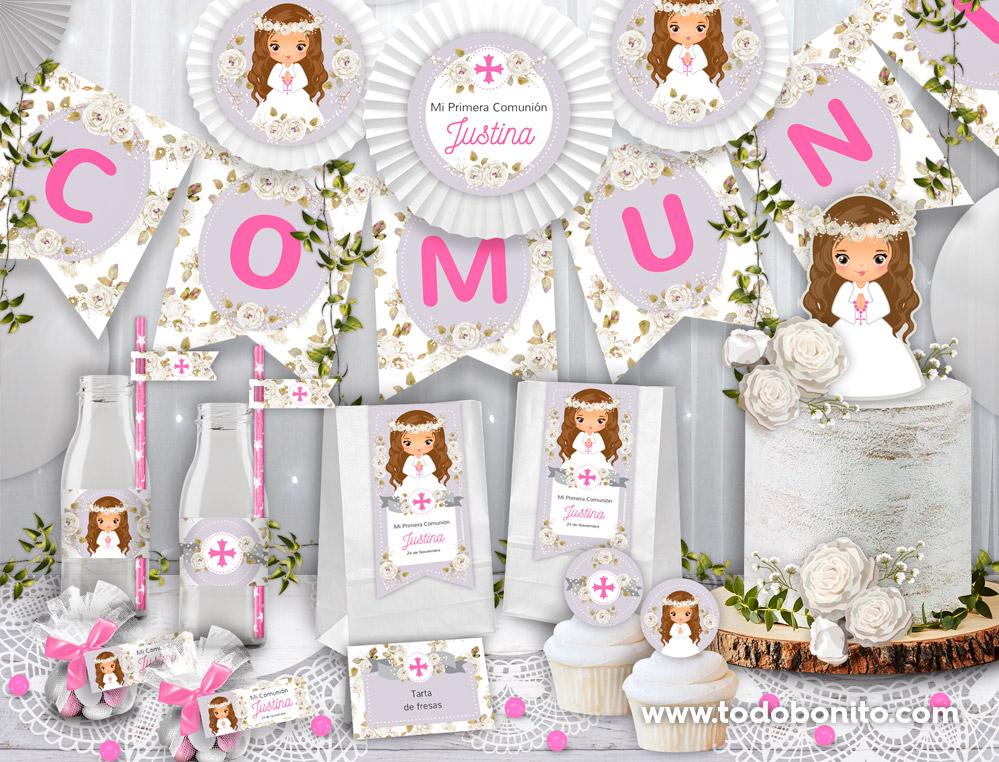 Kits imprimibles de Comunión de niña con flores blancas - Todo Bonito