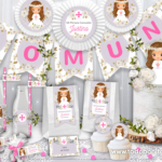 Kits imprimibles de Comunión de niña con flores blancas