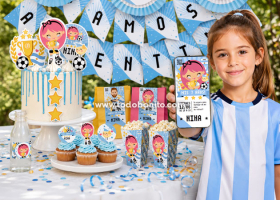Combo fiesta fútbol Nina Selección Argentina: Invitación + Cake topper + Decoración + Cajita