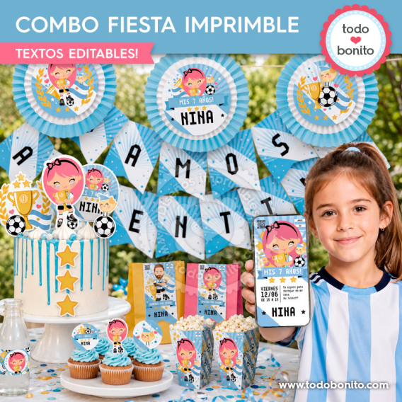 Combo fiesta imprimible Nina Selección Argentina para cumpleaños de fútbol para niña