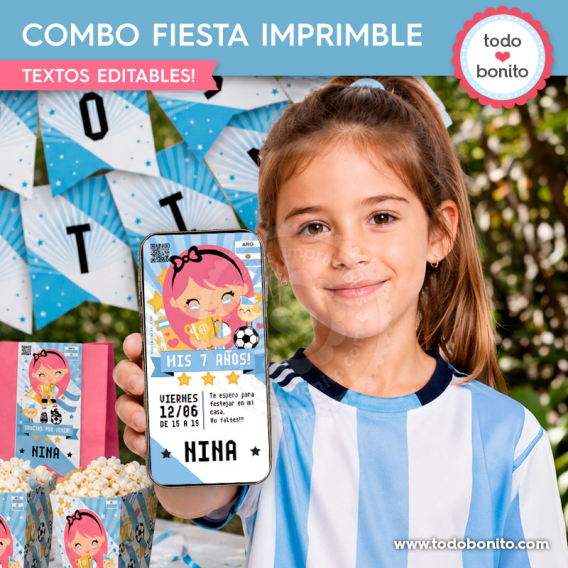 Decoración imprimible de fútbol para niña con temática Nina Selección Argentina