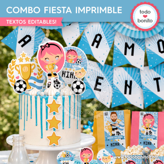 Kit imprimible Nina Selección Argentina con decoración para fiesta futbolera de niña