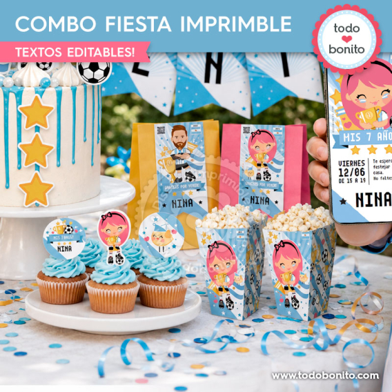 Diseños imprimibles de Nina Selección Argentina para cumpleaños infantil de fútbol