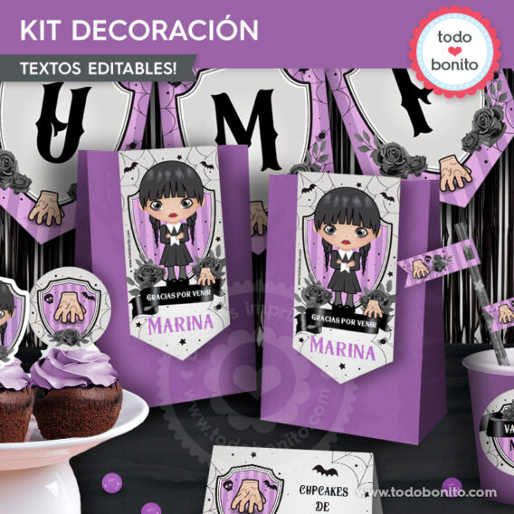 Kit imprimible decoración de fiesta de Merlina Addams
