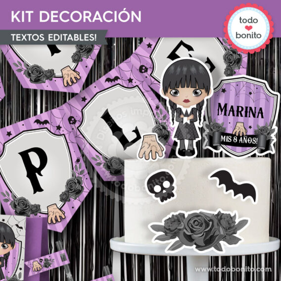 Kit imprimible decoración de fiesta de Merlina Addams