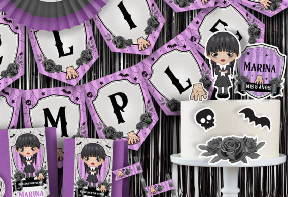 Kit imprimible de Merlina Addams para decorar tu fiesta