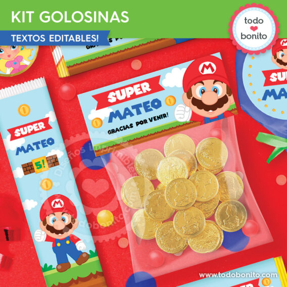 Kit imprimible etiquetas de golosinas de Super Mario Bros