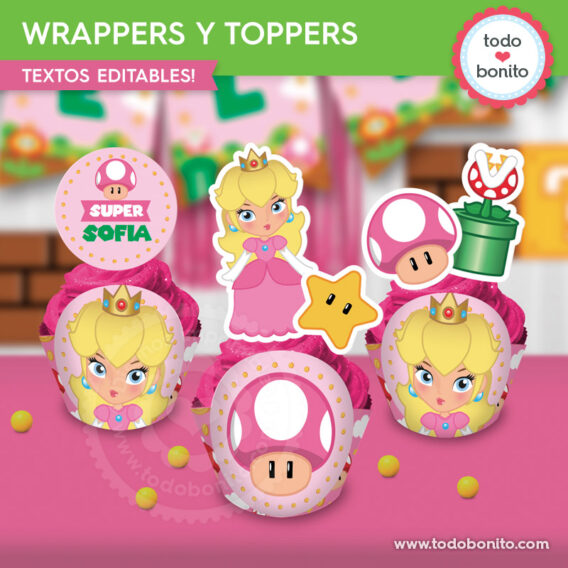 Porta cupcakes y toppers de la Princesa Peach para imprimir
