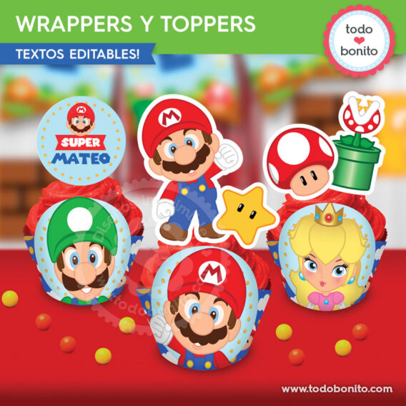 Porta cupcakes y toppers de Super Mario Bros para imprimir