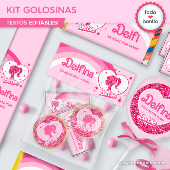 Kit imprimible etiquetas de golosinas de Barbie glitter