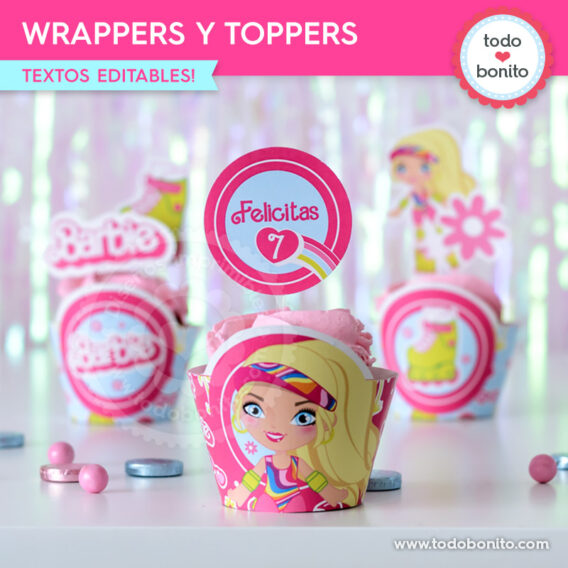 Porta cupcakes y toppers de Barbie patinadora para imprimir