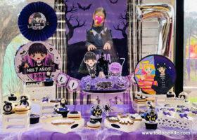 Decoración cumpleaños temático Merlina Addams
