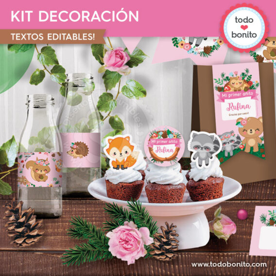 Kit imprimible decoración de fiesta animalitos del bosque rosa
