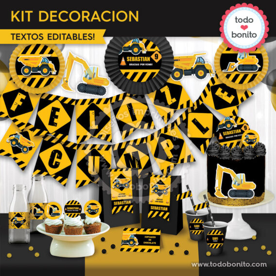 Kit imprimible decoración de fiesta máquinas de construcción