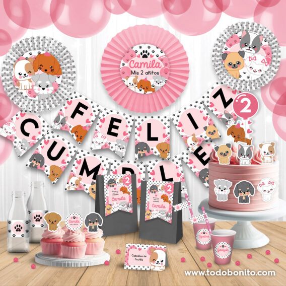 Kits imprimibles para una fiesta temática de perritos en rosa