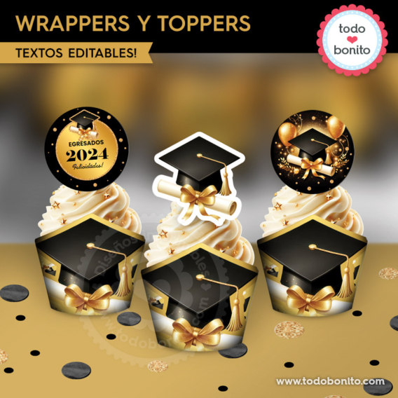 Wrappers y toppers para cupcakes de graduación