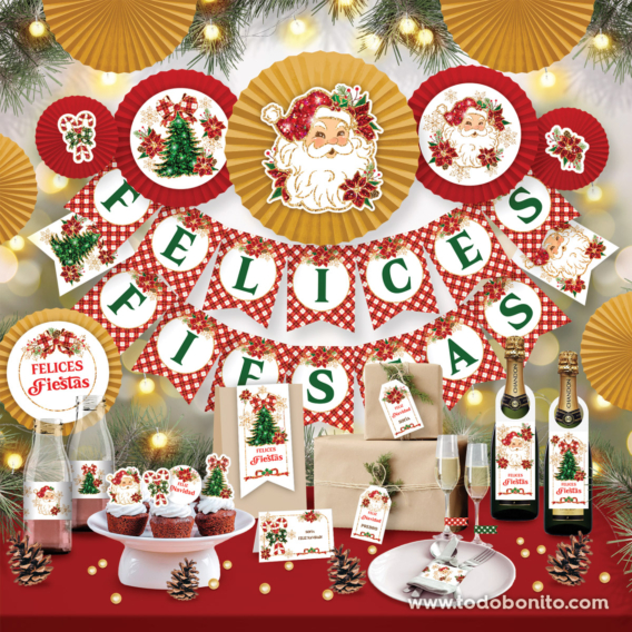 Navidad Vintage Glitter Dorado y Rojo: Decoraciones Imprimibles