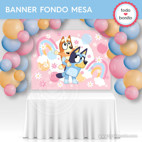 Banner grande para fondo de mesa de Bluey y Bingo rosa y azul
