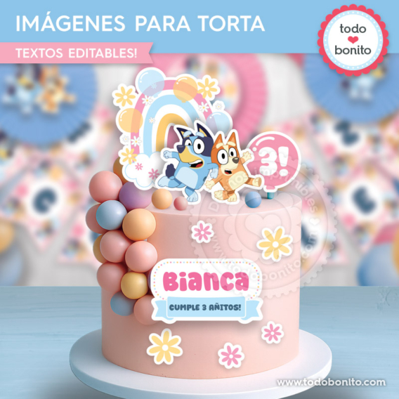 Imágenes imprimibles para decorar torta de Bluey y Bingo rosa y azul