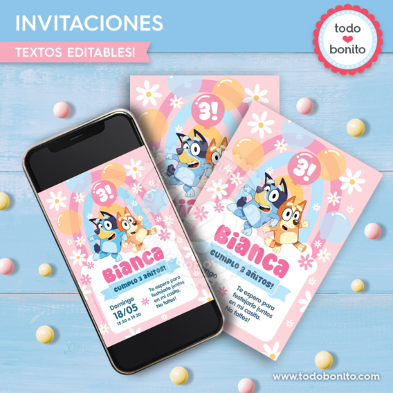 Invitación digital e imprimible de Bluey y Bingo rosa y azul