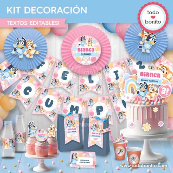 Kit imprimible de banderines, círculos y cartel de bienvenida de Bluey y Bingo rosa y azul