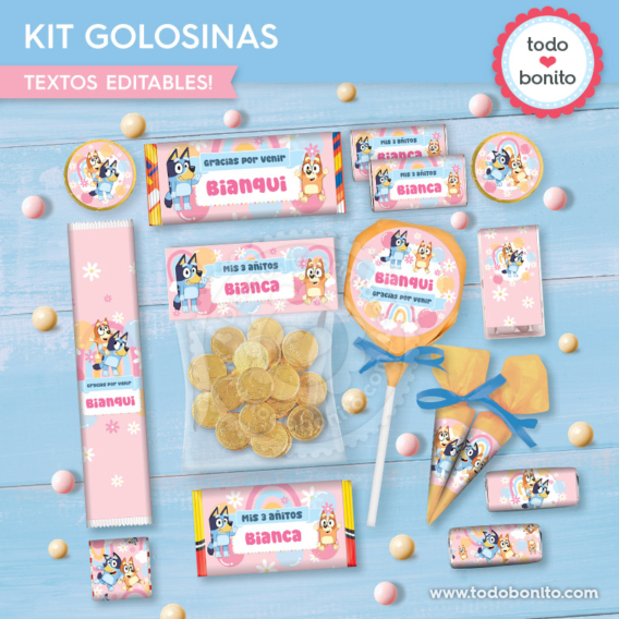 Etiquetas para golosinas y chocolatines de Bluey y Bingo rosa y azul