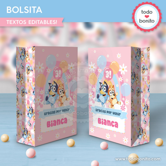 Bolsa sorpresita imprimible de Bluey y Bingo rosa y azul