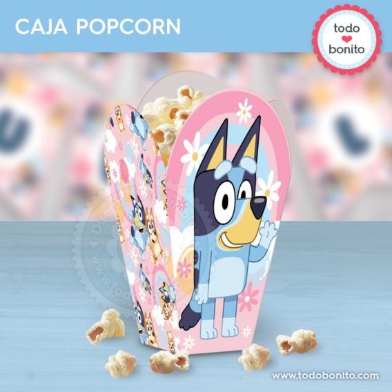 Caja popcorn imprimible de Bluey y Bingo rosa y azul