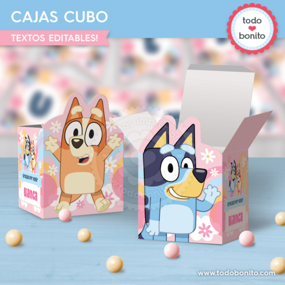 Caja cubo imprimible de Bluey y Bingo rosa y azul