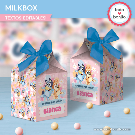 Milkbox imprimible de Bluey y Bingo rosa y azul