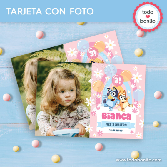 Tarjeta imprimible con foto de Bluey y Bingo rosa y azul