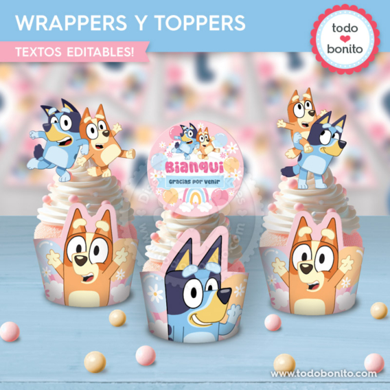 Wrappers y toppers para cupcakes de Bluey y Bingo rosa y azul imprimibles