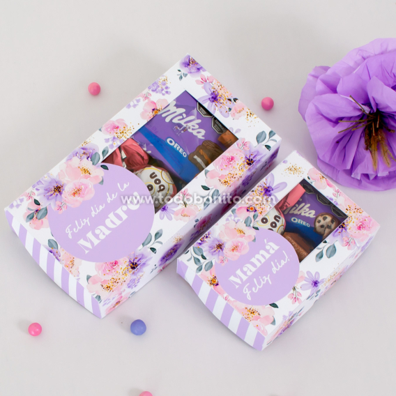Cajas con visor florales imprimibles — dos tamaños Cajas con visor florales en lila y rosa, dos tamaños imprimibles
