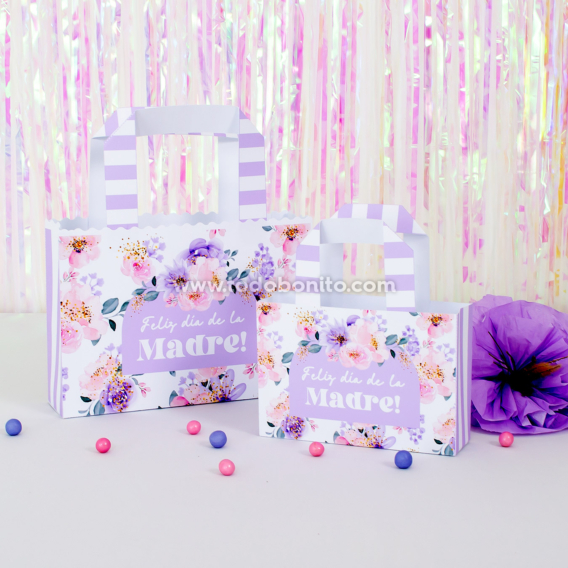 Bolsas boutique florales imprimibles — grandes y pequeñas Bolsas boutique florales en lila y rosa, dos tamaños