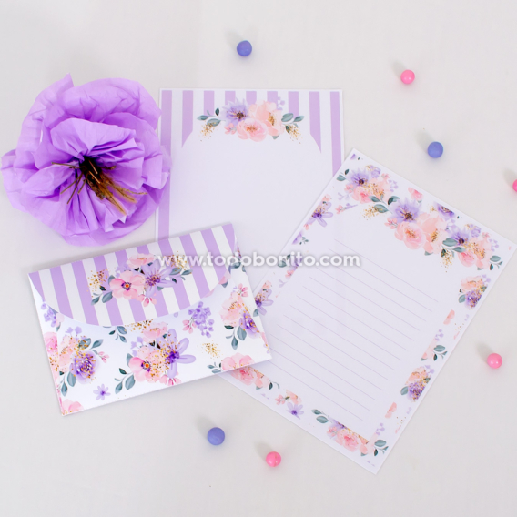 Papelería floral imprimible — papel y sobre Papeles de carta y sobres florales en lila y rosa