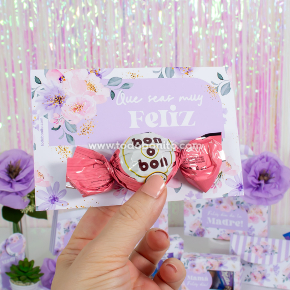 Tarjetas porta bombón florales — imprimibles en PDF Tarjetas porta bombón florales en lila y rosa