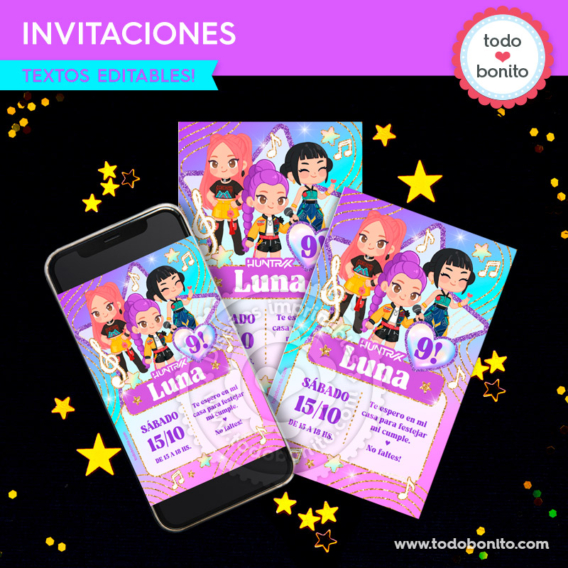 Invitaciones imprimibles y digitales Guerreras K-pop Huntrix – Todo Bonito