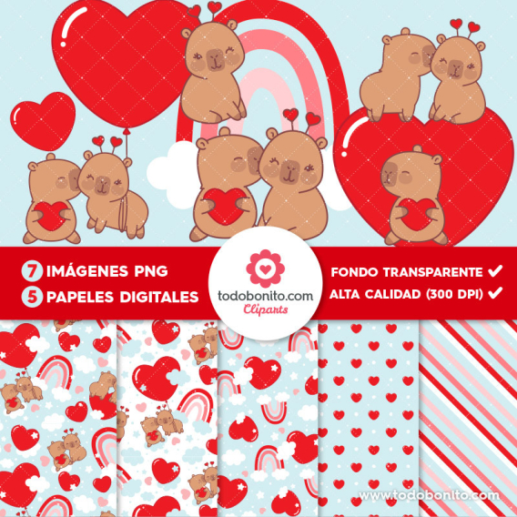 Papeles digitales y cliparts de capibaras enamorados para San Valentín