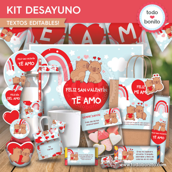 Kit imprimible de desayuno sorpresa San Valentín capibaras enamorados