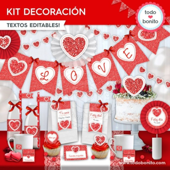 Kit imprimible de decoración de fiesta San Valentín corazón glitter rojo