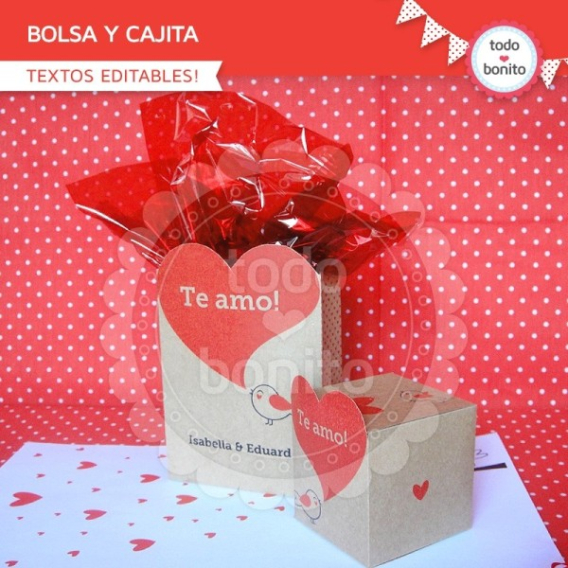 Cajitas imprimibles de San Valentín con corazones y pajaritos