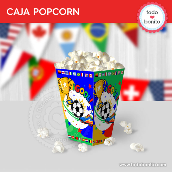 Caja popcorn imprimible de fútbol países del mundo para cumpleaños infantil