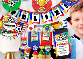 Cumpleaños de fútbol países del mundo: invitación, torta, cajita y decoración lista para imprimir