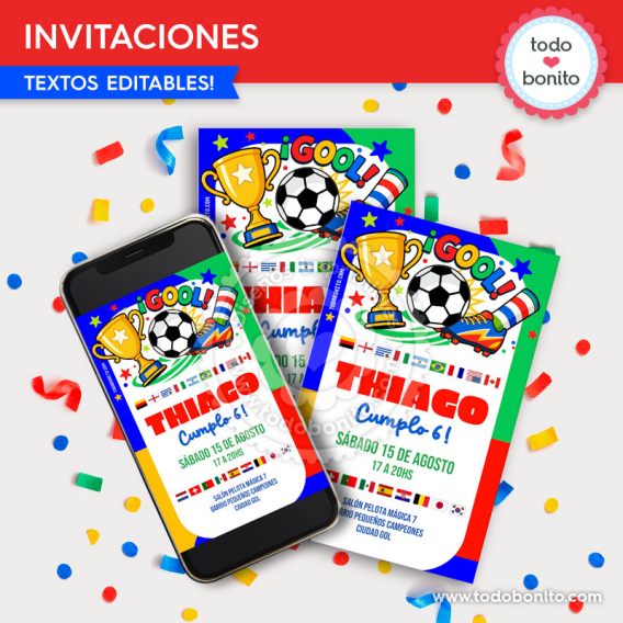 Invitación editable de fútbol países del mundo para cumpleaños infantil