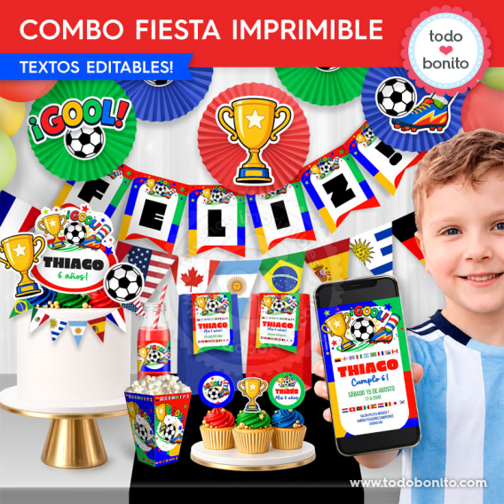 Promo combo fiesta imprimible de fútbol países del mundo con invitación decoración y cajita