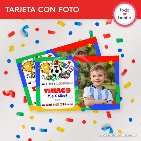 Tarjeta personalizada con foto de fútbol países del mundo para cumpleaños